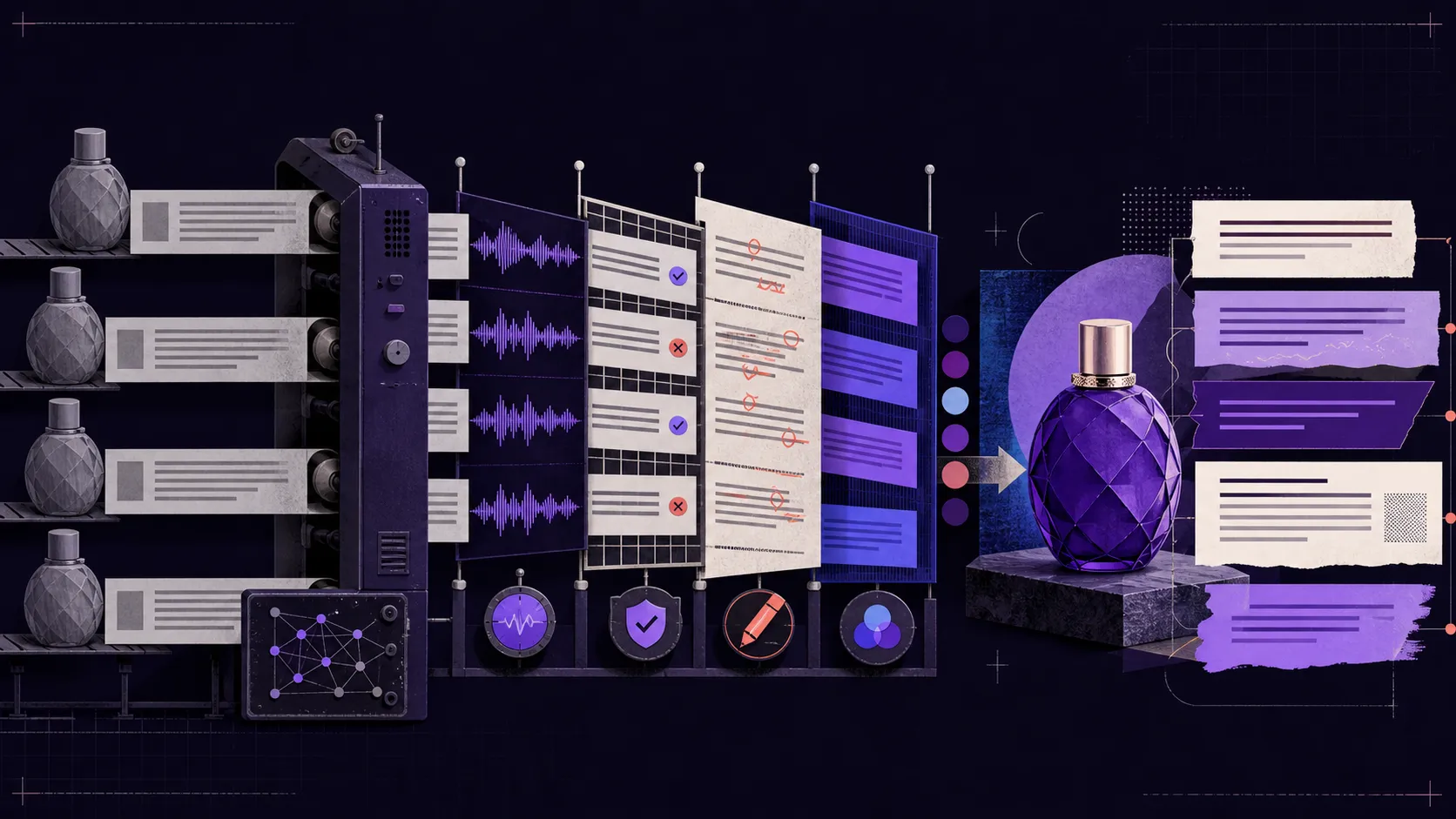 Generic product drafts passing through voice, fact-checking, and editorial refinement to become distinctive brand copy