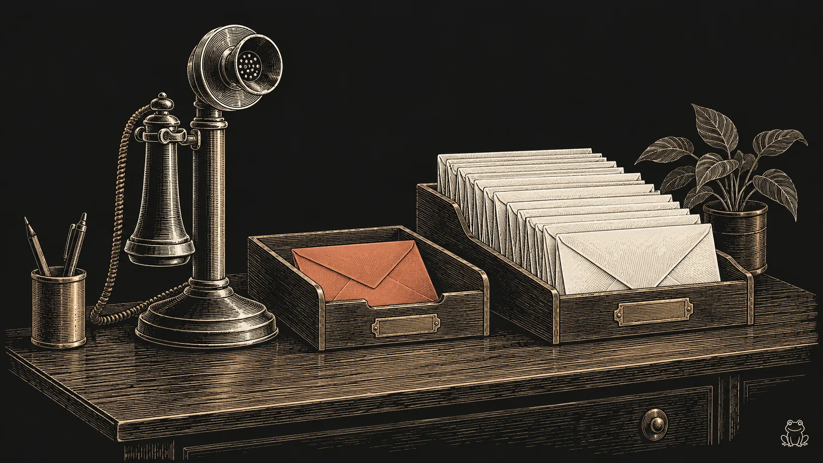 An engraved support desk sorts routine inquiry envelopes and sets one terracotta envelope beside a telephone for human review