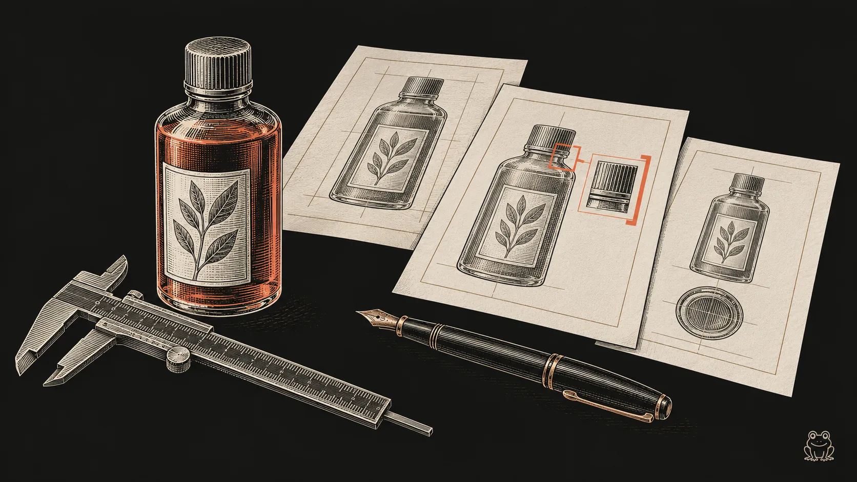 An engraved bottle, measuring caliper, proof sheets and pen show product descriptions being checked against the actual item