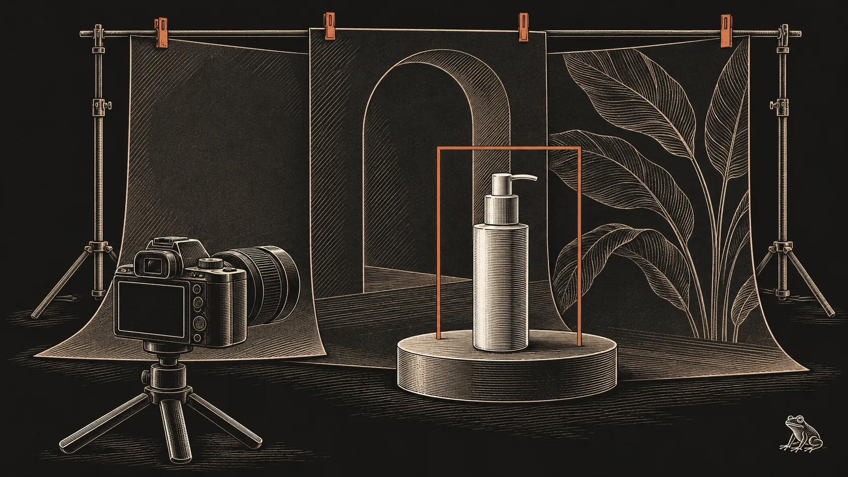 An engraved studio camera faces a pump bottle inside a terracotta frame, with interchangeable plain, arched and botanical backdrops behind the product