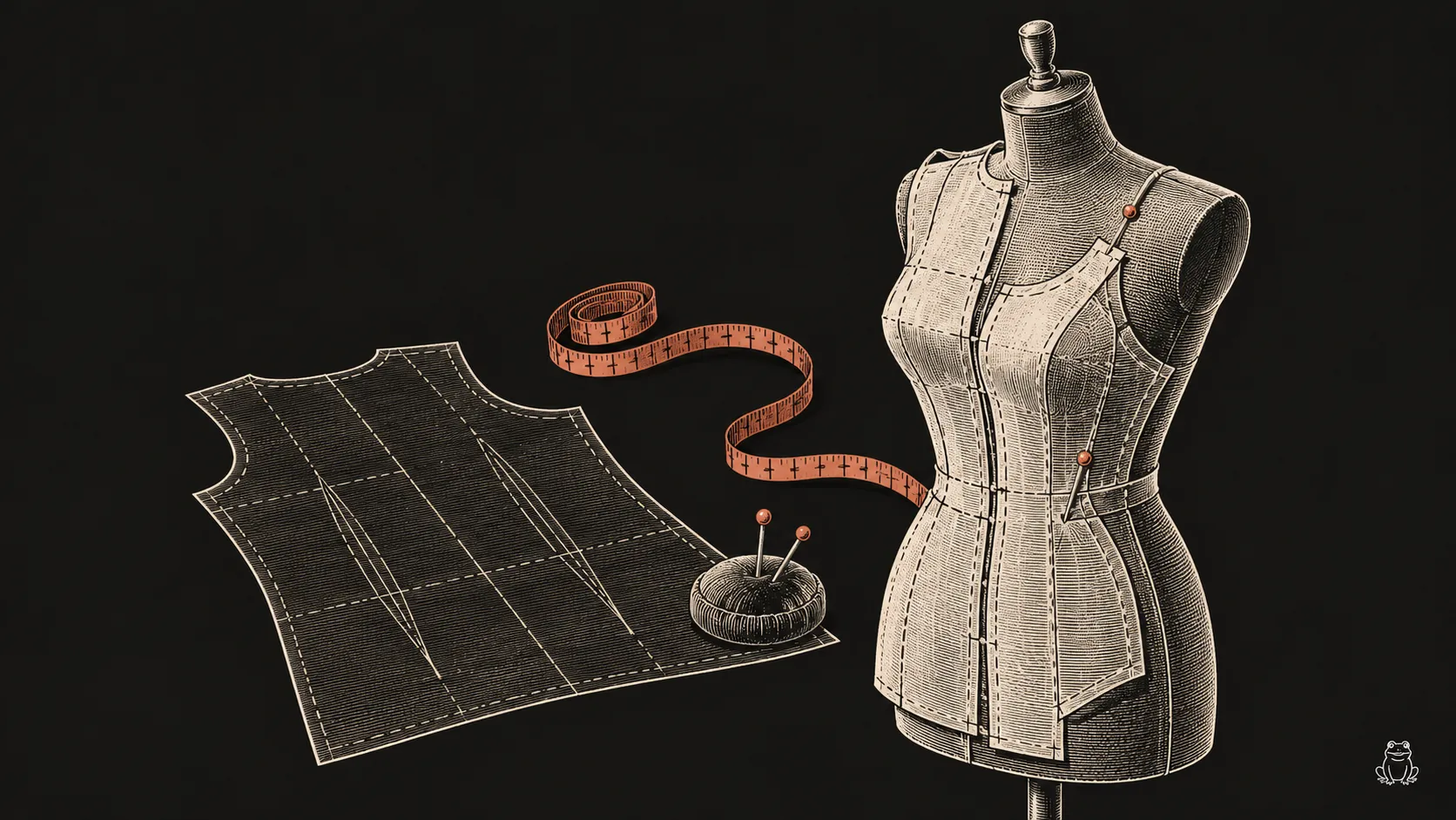 An engraved cutting table compares a standard pattern with a fitted design, using terracotta tape and alteration pins