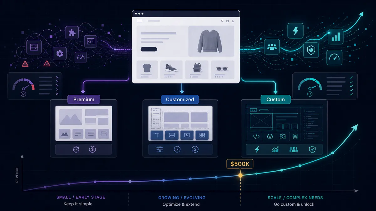 A Shopify storefront decision map showing premium, customized, and custom theme paths crossing a revenue threshold