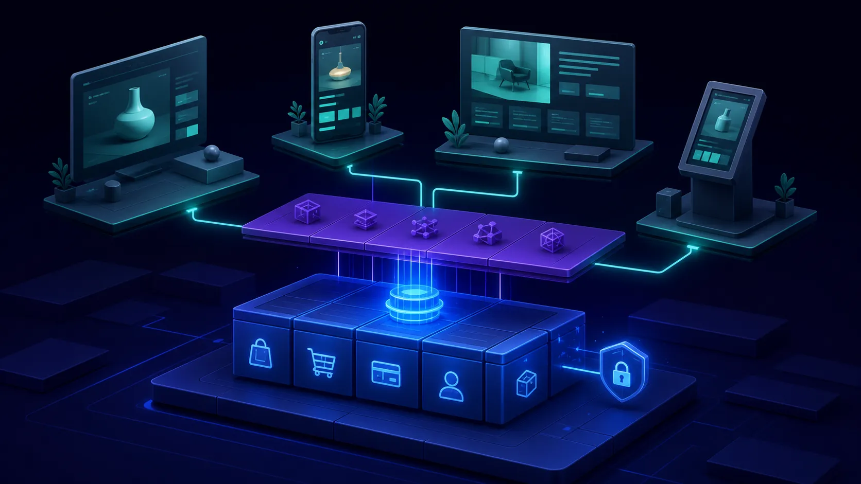 A central commerce engine and composable API layer powering web, mobile, editorial, and retail storefront experiences
