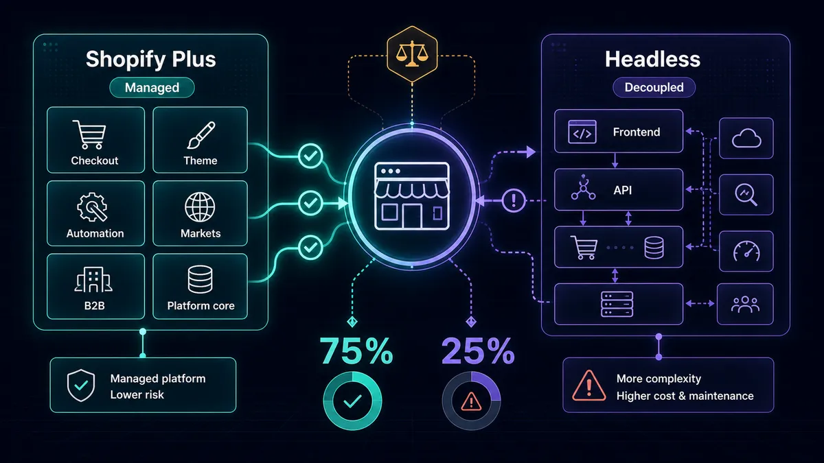 A Shopify architecture decision map comparing managed Shopify Plus with a more complex decoupled headless setup