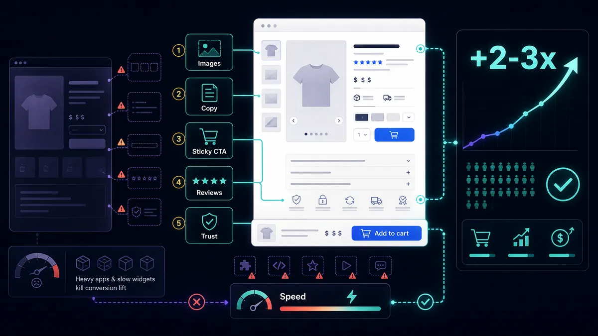 A Shopify product page optimization map showing images, copy, sticky add-to-cart, reviews, trust signals, speed, and conversion lift