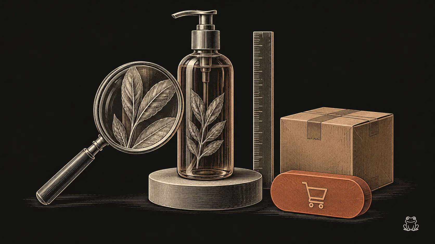 An engraved product display pairs a bottle with a detail lens, size guide, delivery parcel and terracotta purchase handle