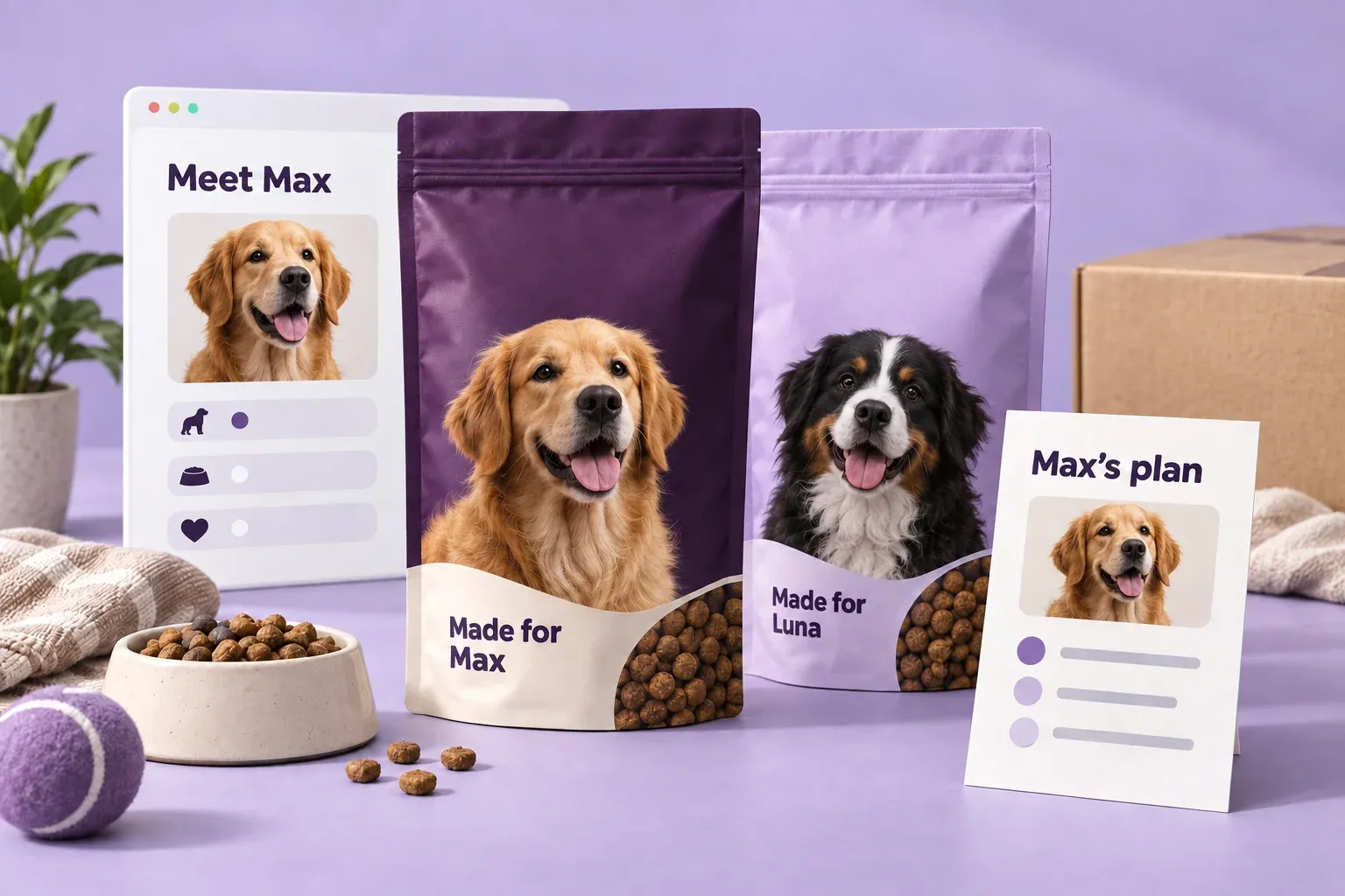 Concept illustration of personalized dog-food pouches for Max and Luna, a dog profile, and a printed nutrition plan, without company branding