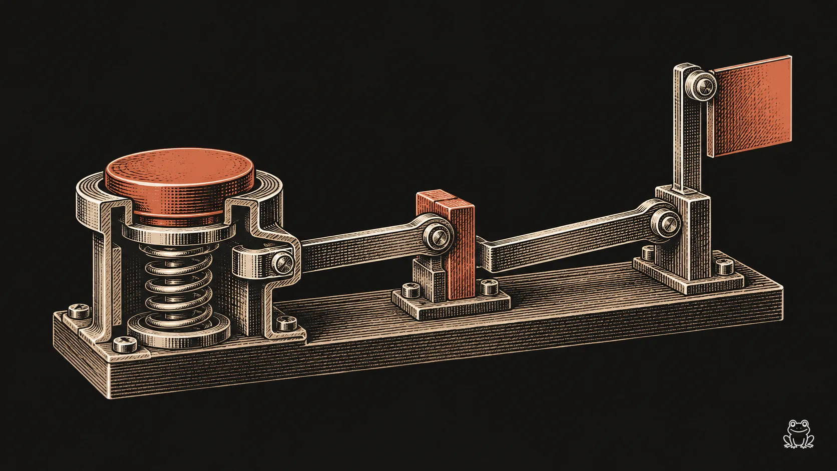 An engraved button mechanism reveals an obstruction between the pressed control and its response flag