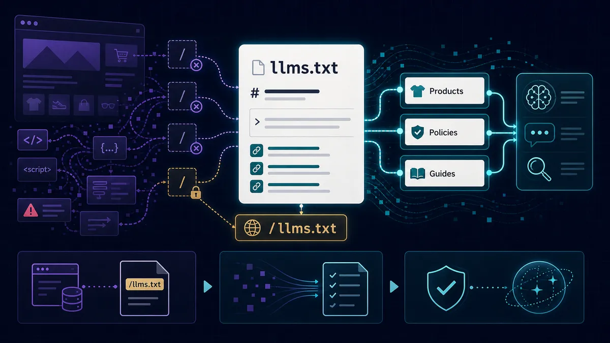 An llms.txt markdown file served at the Shopify root, turning noisy storefront content into curated products, policies, and guides for AI systems