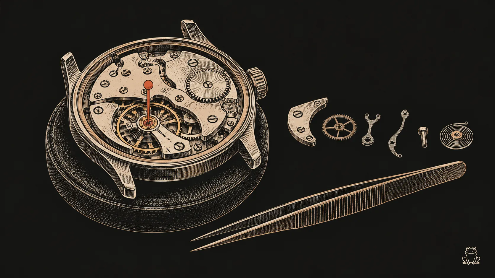 An engraved watch mechanism is adjusted with tweezers, with spare attachments set aside