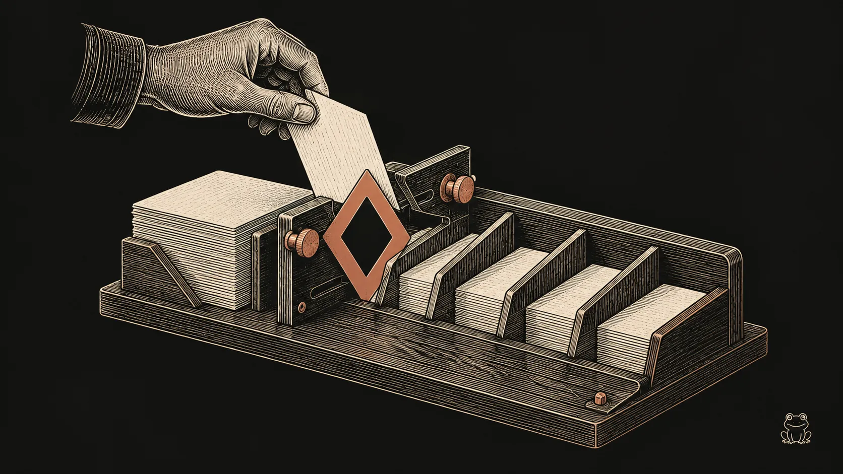 An engraved sorting jig guides identical order slips through a terracotta template into matching slots