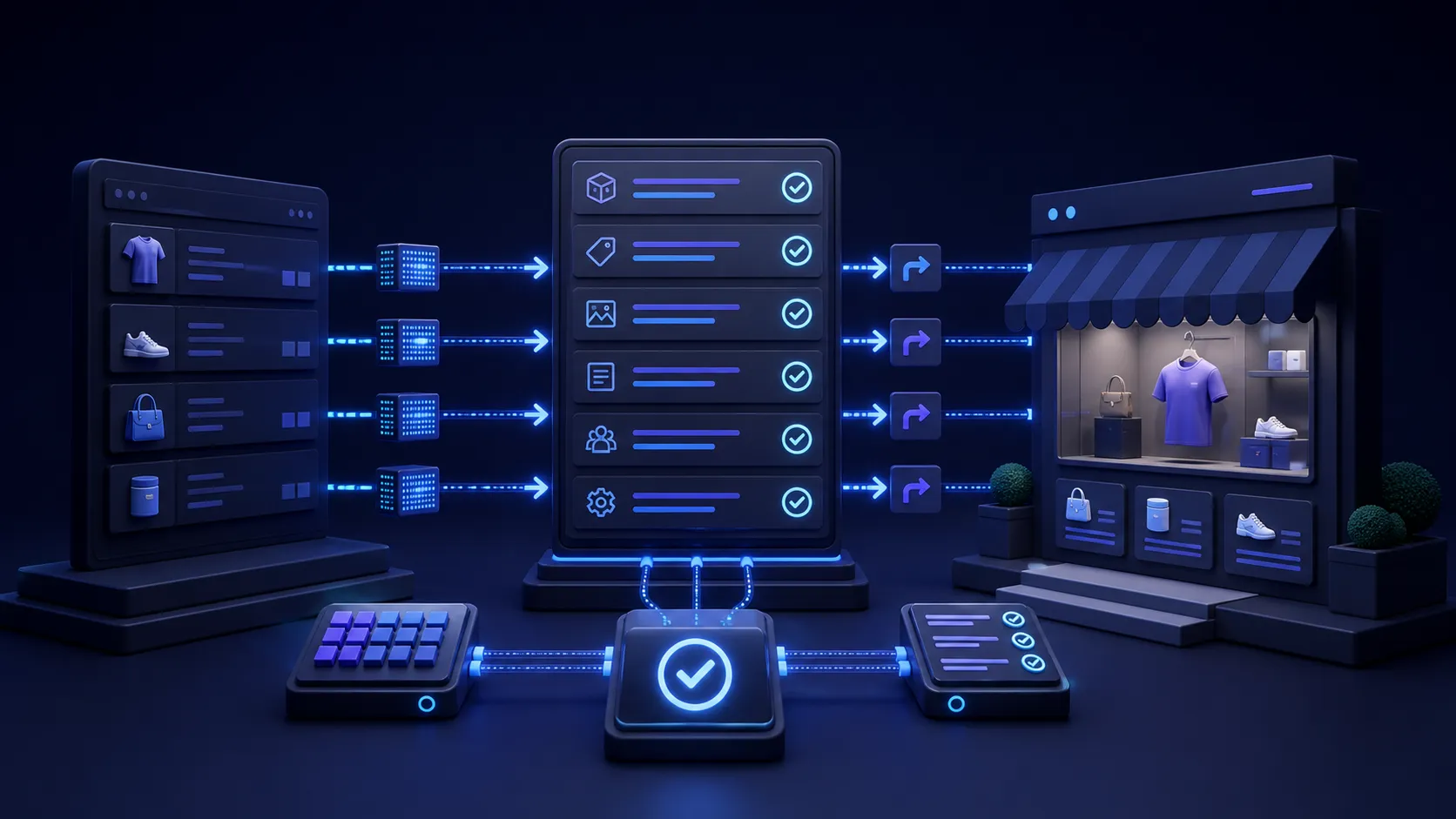 An organized ecommerce migration workspace moving catalog data through validation checks into a new storefront