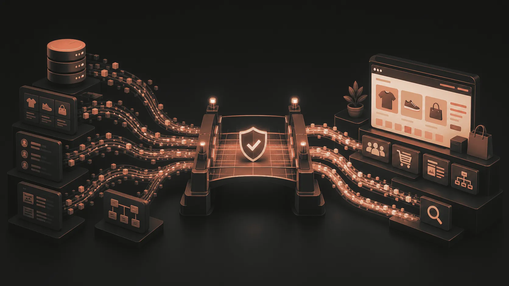 Products, customer records, orders, content, and URL paths moving through a controlled validation bridge into a modern ecommerce storefront