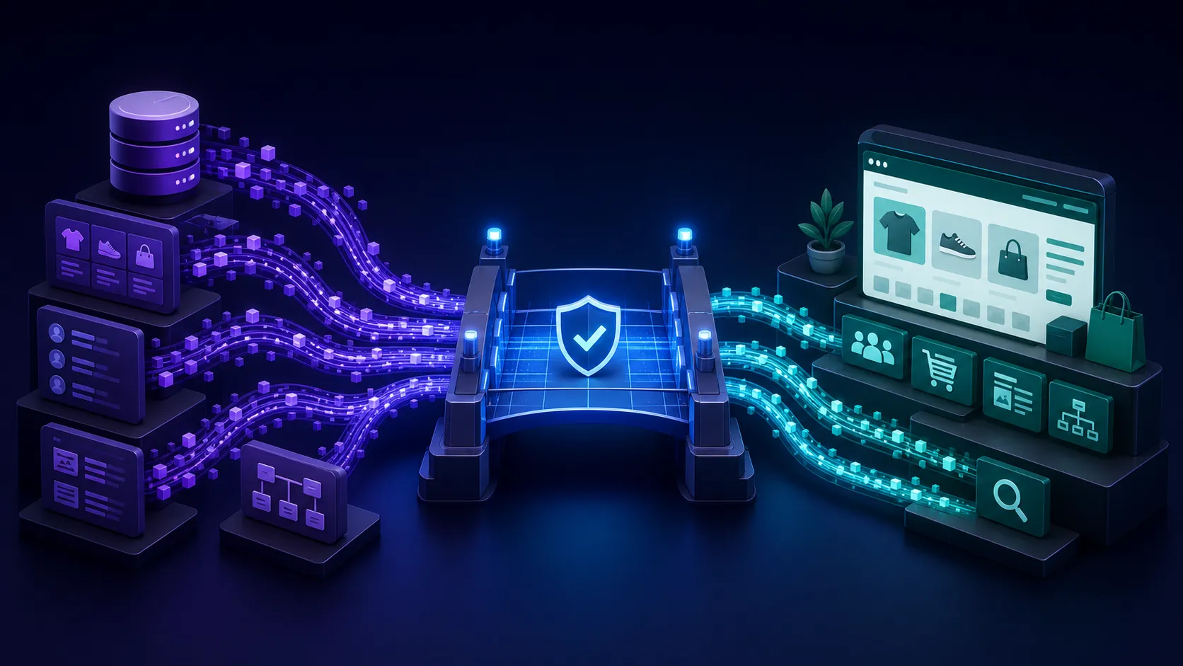 Products, customer records, orders, content, and URL paths moving through a controlled validation bridge into a modern ecommerce storefront