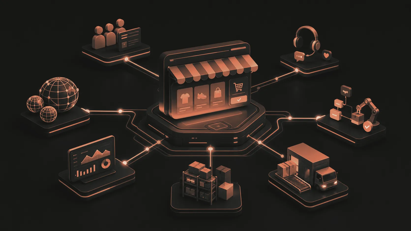 A central ecommerce storefront connected to B2B, international markets, automation, analytics, inventory, fulfillment, and customer operations