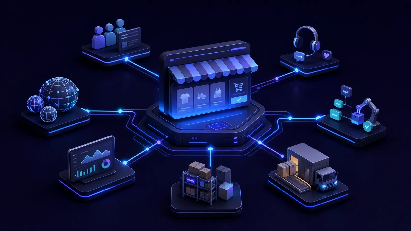 A central ecommerce storefront connected to B2B, international markets, automation, analytics, inventory, fulfillment, and customer operations