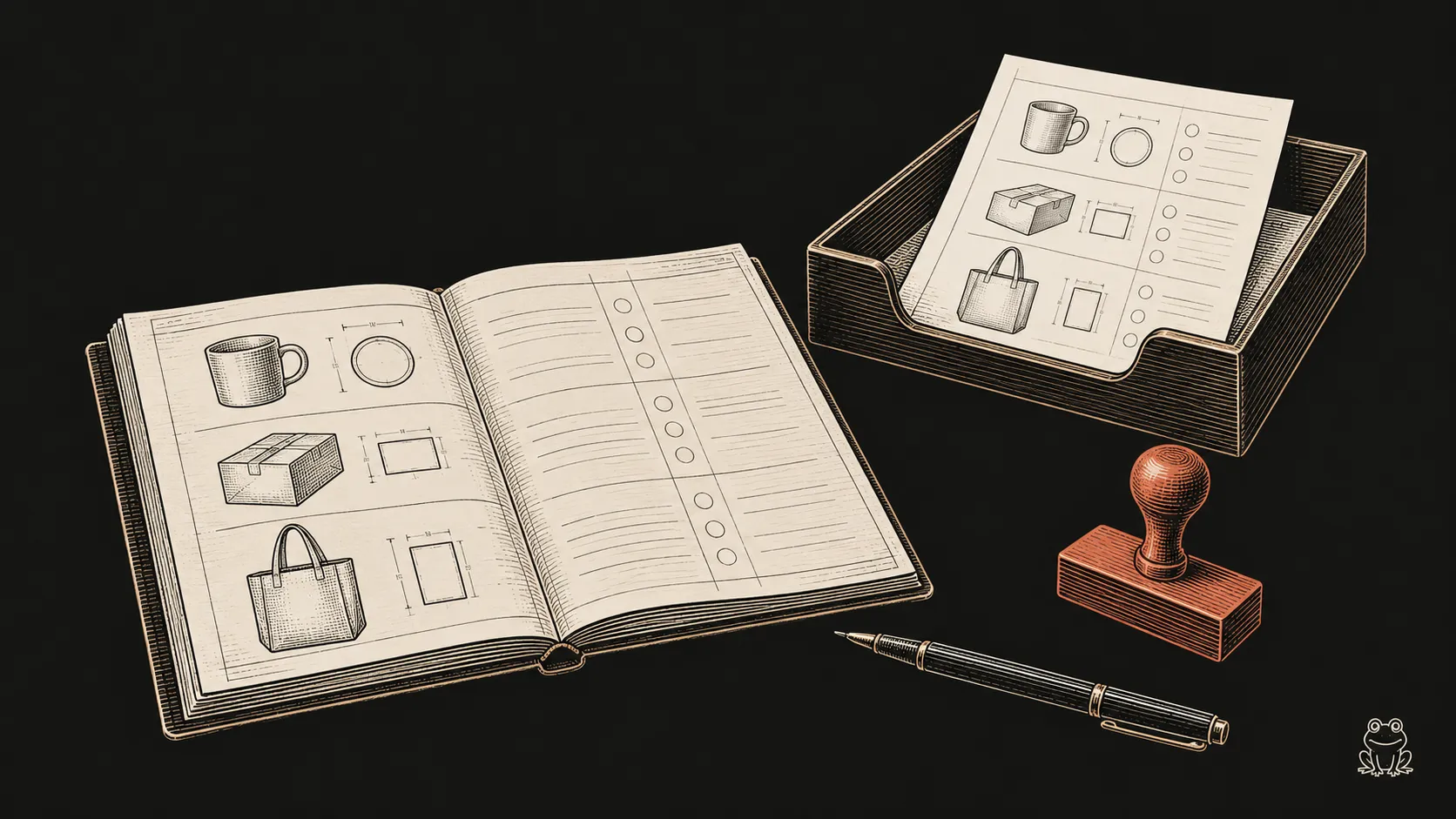 An engraved desk holds a prepared draft in a review tray beside a pen and an unused approval stamp