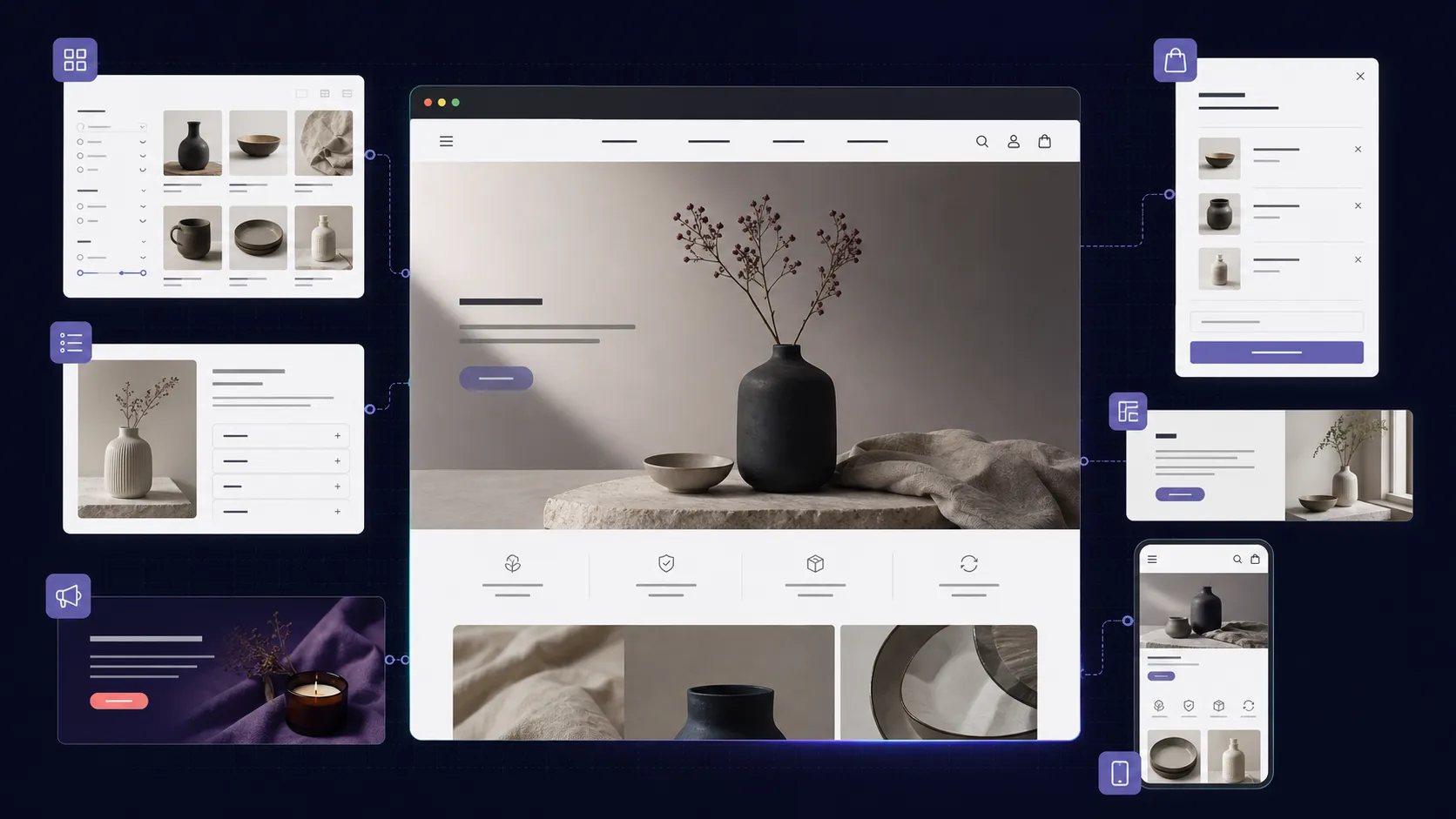 A modular ecommerce storefront system with collection filters, product details, promotions, cart, and mobile layouts