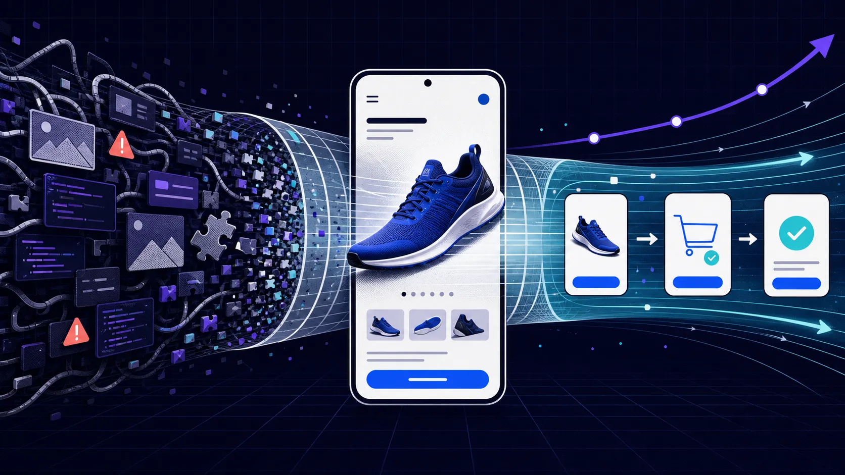 A cluttered ecommerce stack being streamlined into a fast product page and a clear path through cart and checkout
