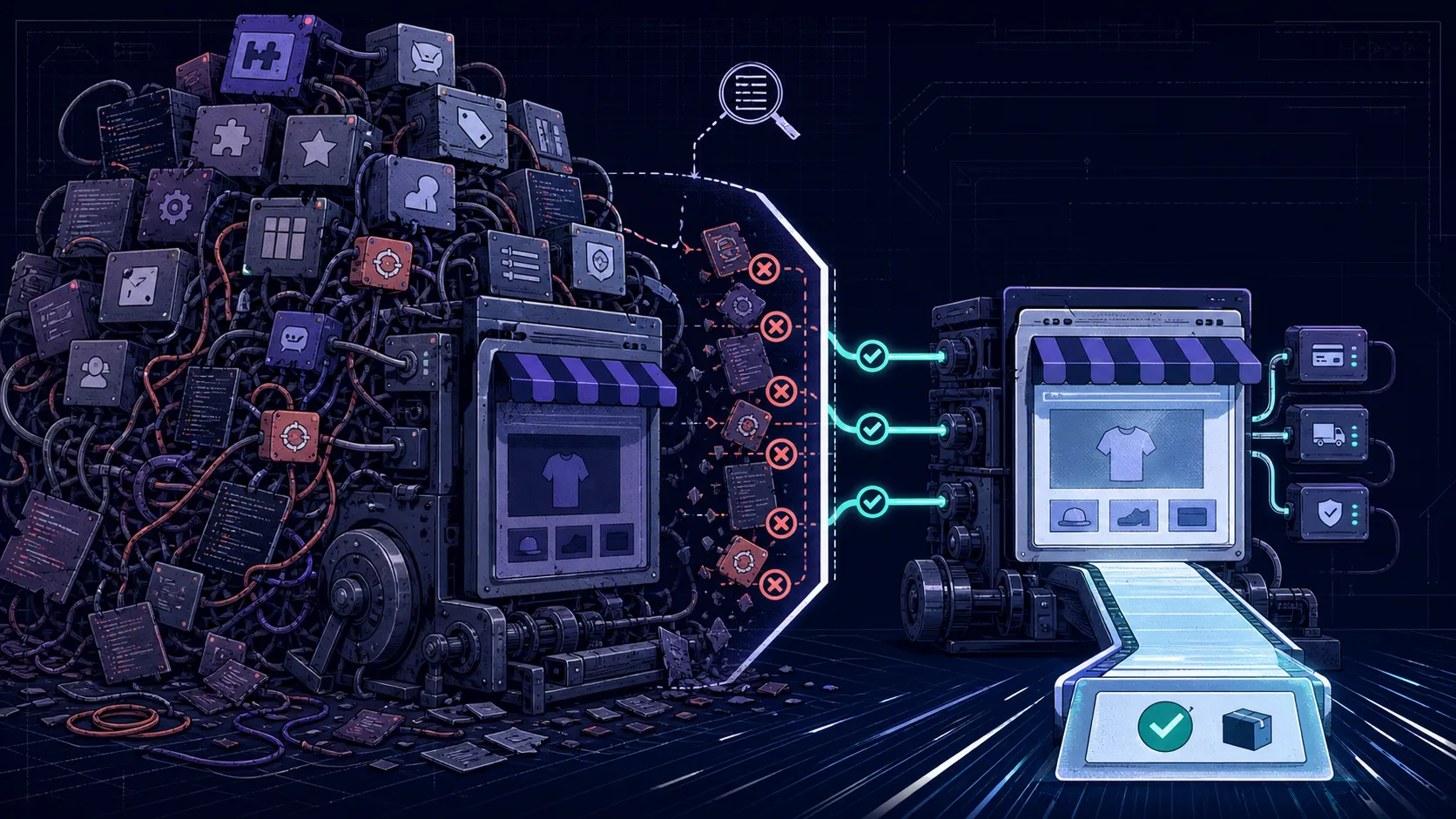 An app-heavy ecommerce storefront being audited into a leaner system with only essential integrations