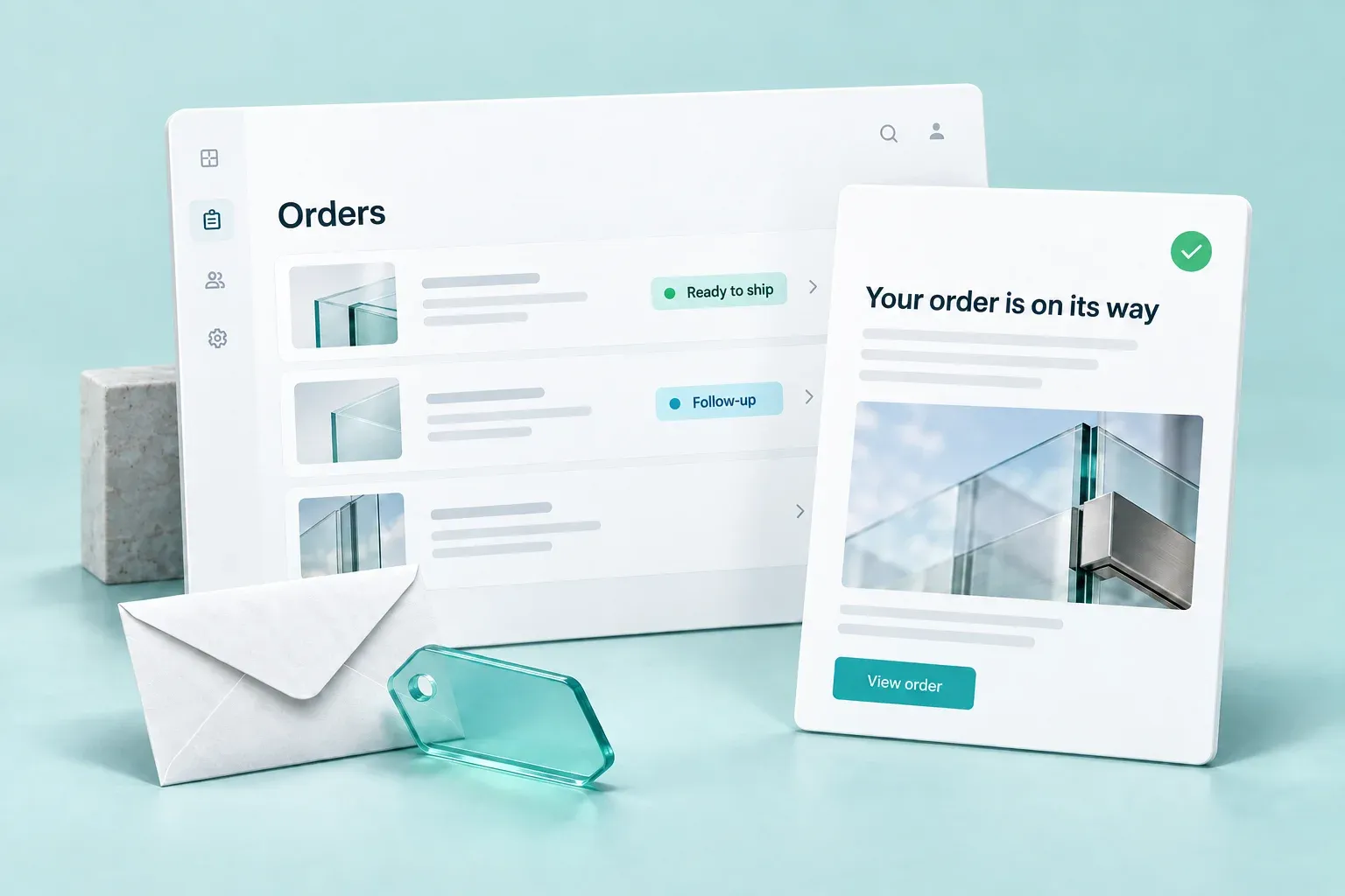 Concept illustration of an order workspace with shipping and follow-up tags beside an automated customer email, without company branding